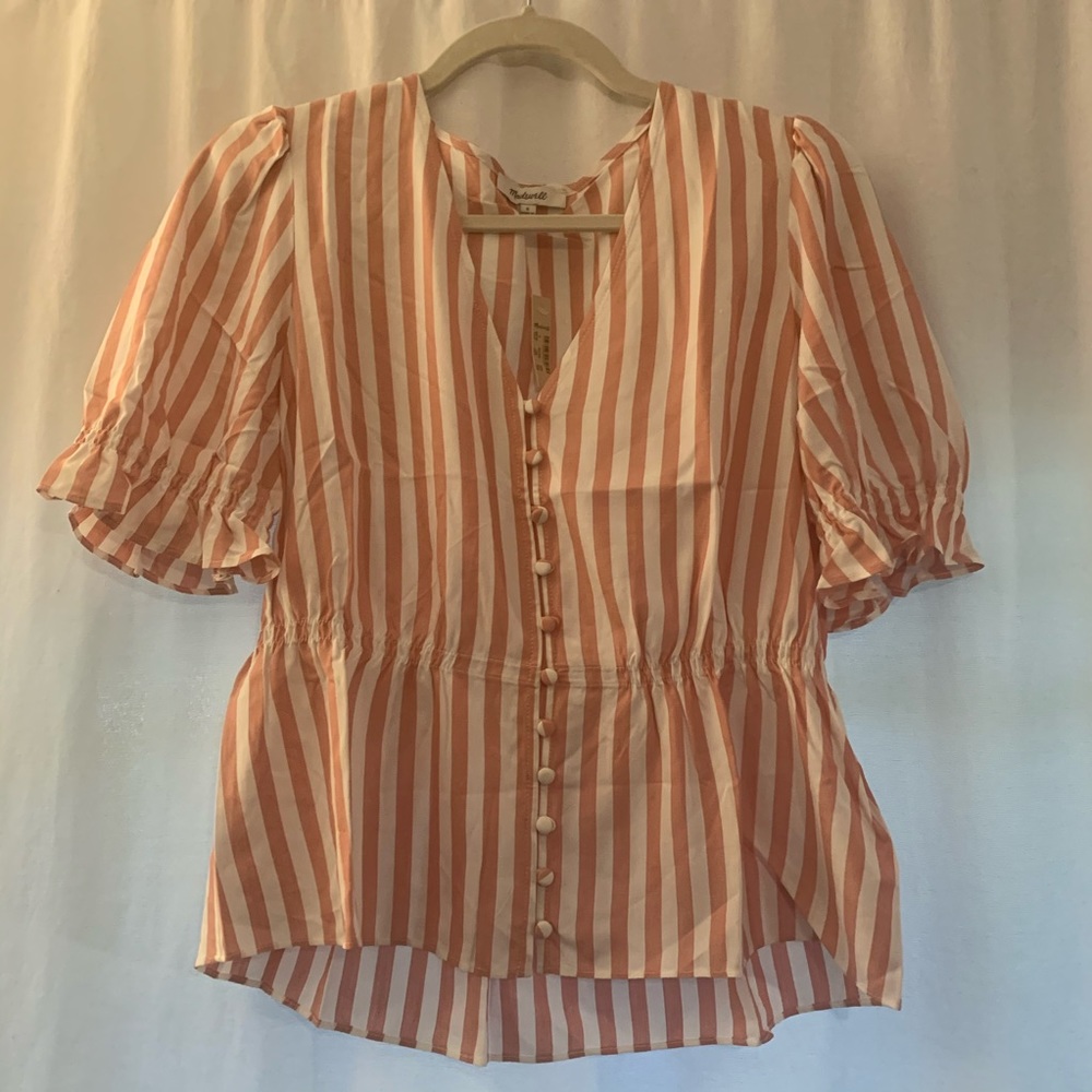 MADEWELL Peach Striped Peplum V-Neck. Size S. NWT.